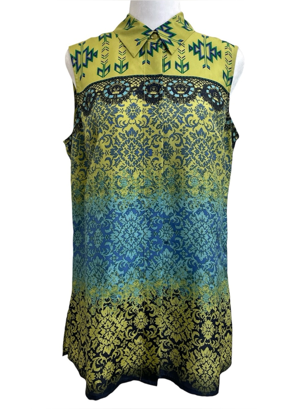 NEW Pendleton 100% Silk Y2K Lime Green & Blue Boho Floral Button Up Top